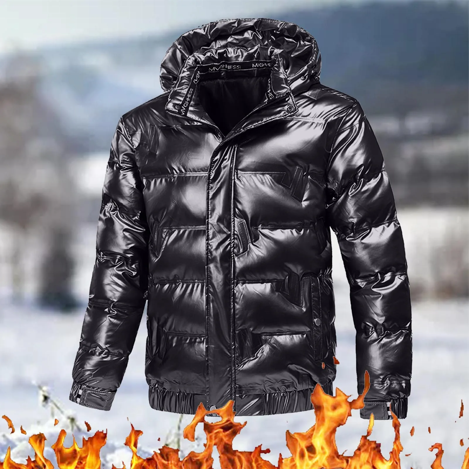 

Solid Color Shiny Jacket Drawstring Long Sleeved Hooded Cotton Jacket For Men's