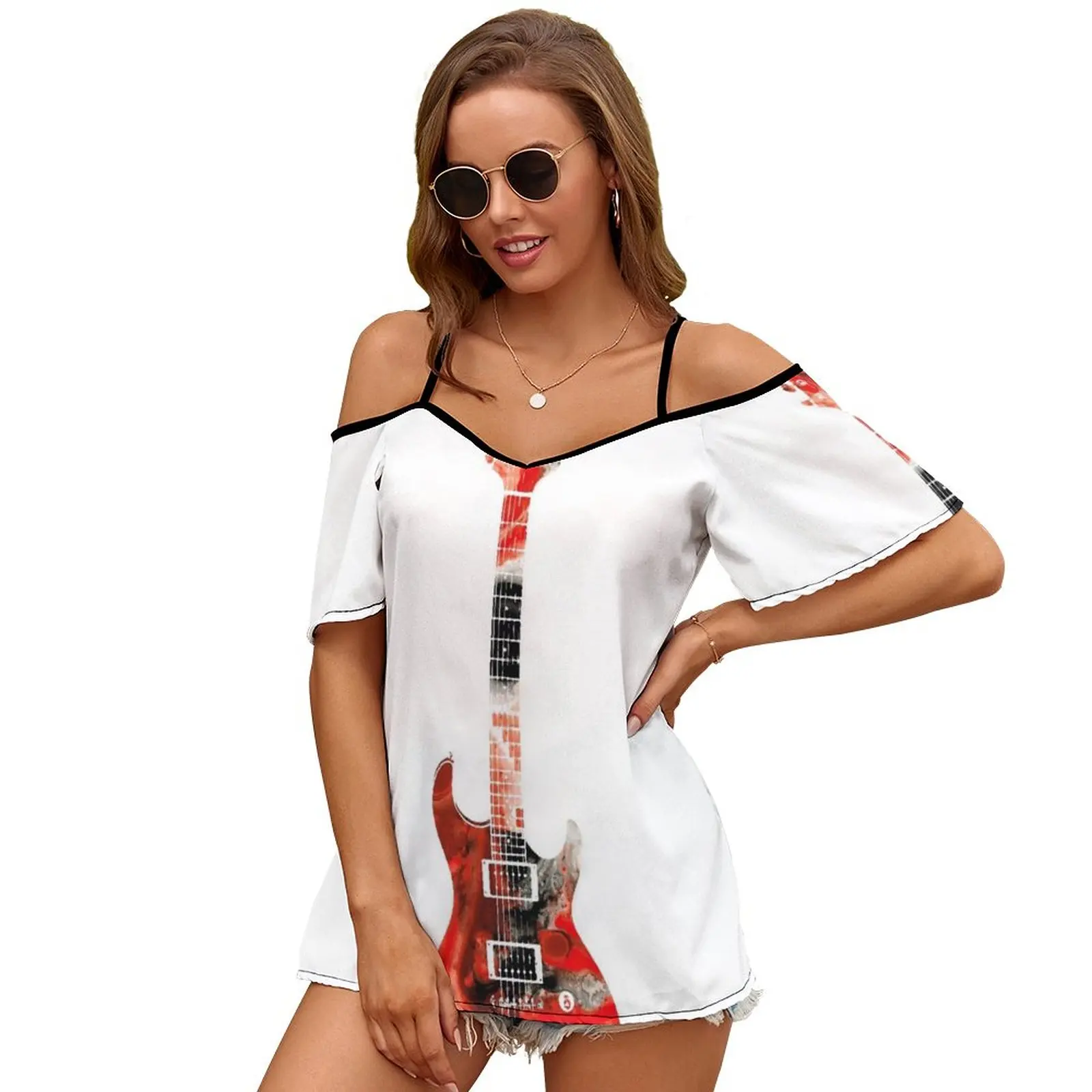 Electric Guitar-Colorful Abstract Musical Instrument By Fashion Print Women Ladies Girls T-Shirt Harajuku Round Neck Short