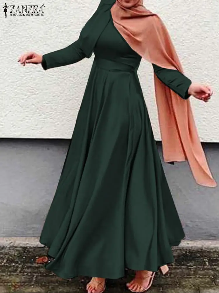 Модное мусульманское платье-абайя ZANZEA, женский весенний сарафан Дубай, турецкий хиджаб, повседневное атласное платье с длинным рукавом, жен...