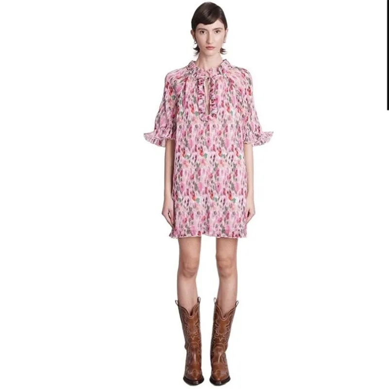 

Women Floral Dress Hot Selling Office Lady Sweet Chiffon Knee-Length Loose Fit Versatile Chic Butterfly Sleeve Basics Vestidos