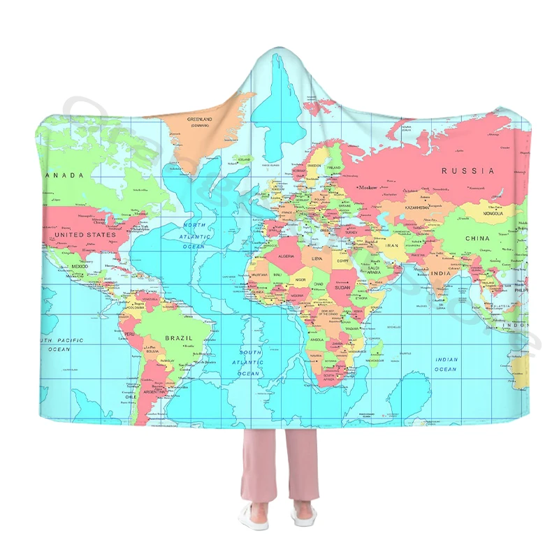 

Worldmap Printed Hooded Blankets and Fancy Capes Warm and Soft Flannel Blankets for Adults and Children for All Seasons