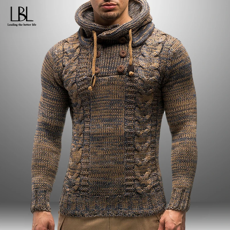 

Fashion Knit Hooded Sweaters Mens Solid Color Round Neck Long Sleeve Slim Fit Pullover Tops Autumn Winter Male Casual Sportswear