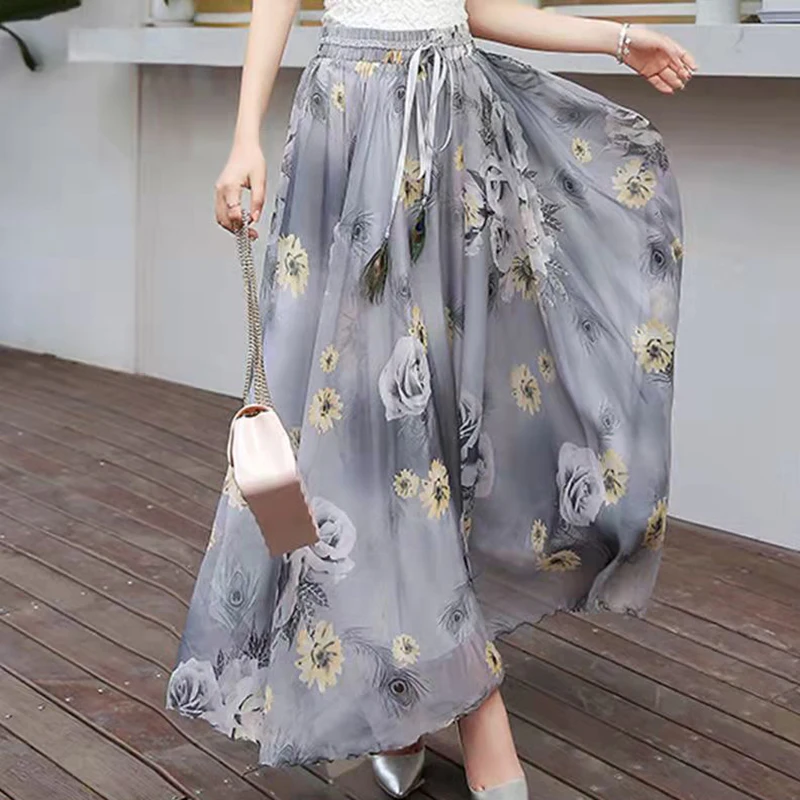 Lucyever Elegant Print Floral Long Skirts for Women Korean Style High Waist Chiffon Skirt Casual Holiday Big Hem A-line Skirts images - 6
