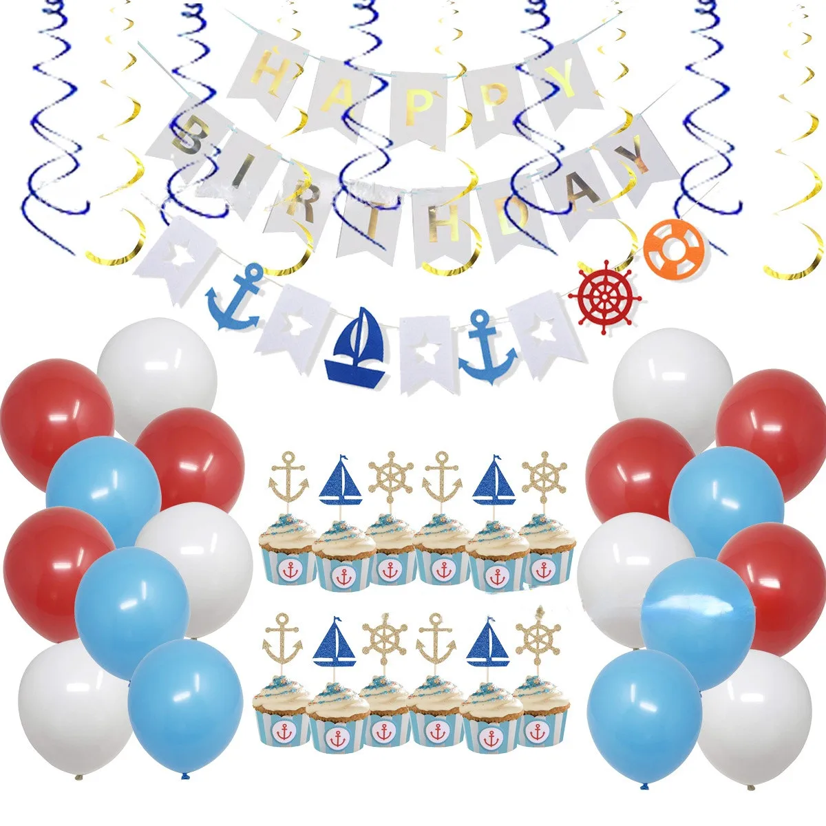 

SURSURPIRSE Nautical Theme Blue White Latex Balloons Set Rudder Cupcake Topper Hanging Swirl Banner for Birthday Party Supplies