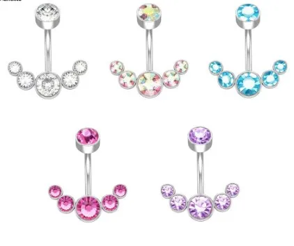 

5 Crystals Belly Button Rings for Women Girls 316L Steel Curved Navel Barbell 14g Dangled Body Jewelry Piercing Belly Button