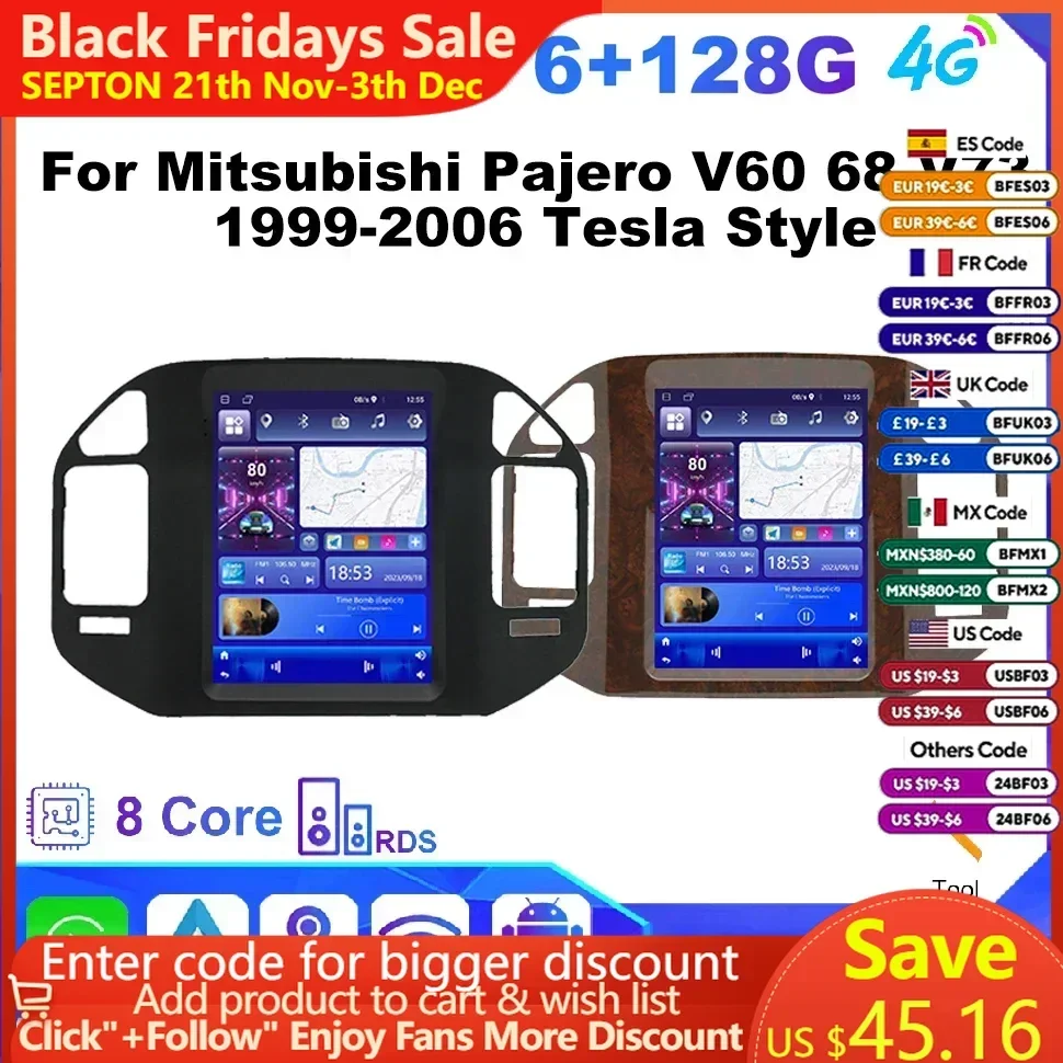 Автомобильный радиоприемник SEPTON 9 7 дюйма для Mitsubishi Pajero V60 68 V73 1999-2006 Tesla Style Carplay GPS