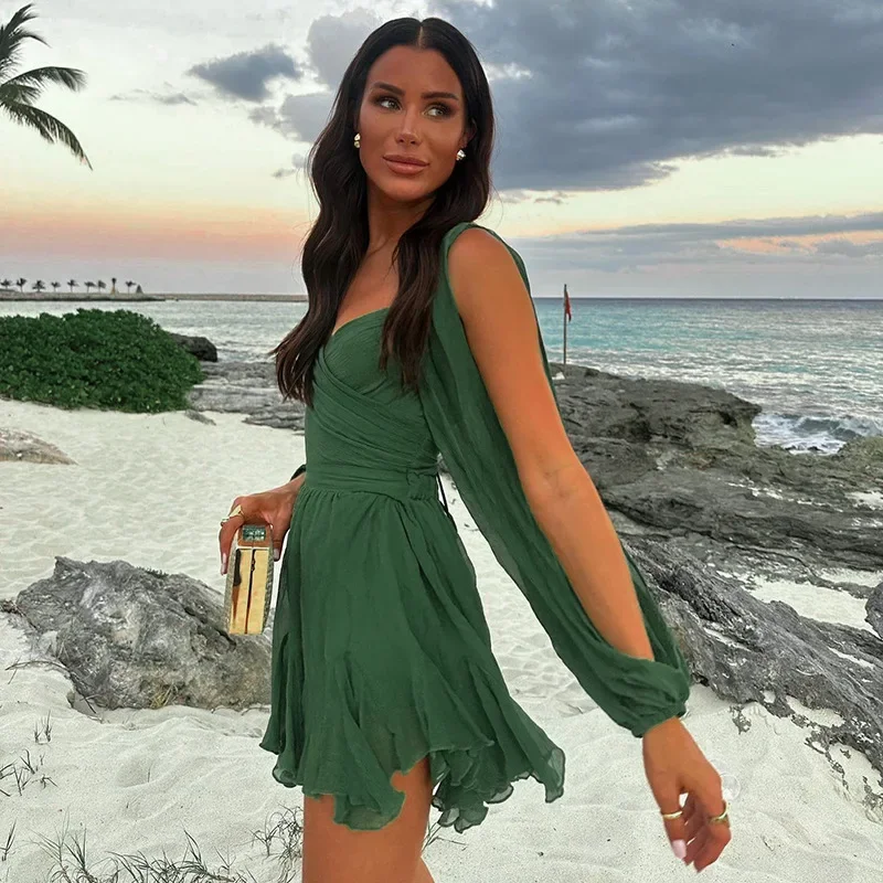 Новинка лета 2024 женское однотонное шифоновое платье с длинным рукавом и