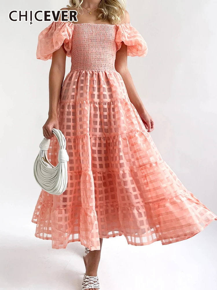 

CHICEVER Solid Fashion Women's Dresses Slash Neck Lantern Sleeve High Waist Tunic Loose Folds A Line Midi Dress Female Summer