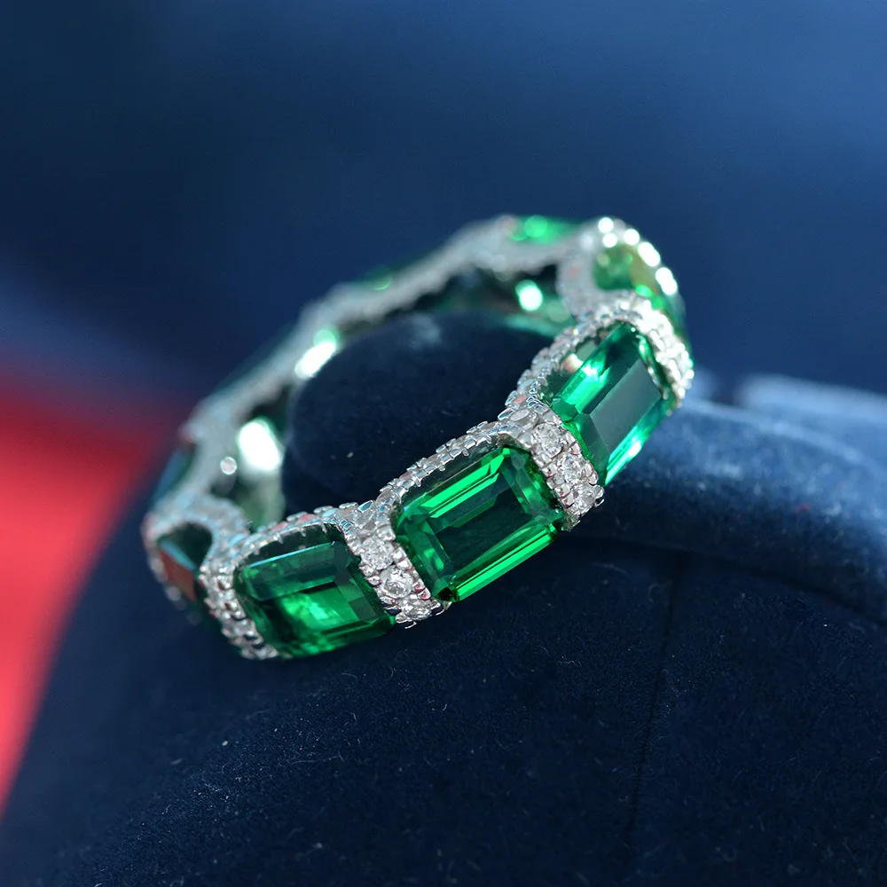 

Luxury Solid 925 Sterling Silver Green Square Full Cubic Zirconia 5x7mm Stone Circle Rings Genuine Jewelry For Women Gift