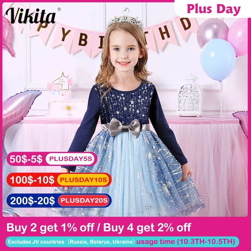 VIKITA Christmas Dress for Girls Sequins Princess Dresses Kids Lace Mesh Tutu Ball Gown Elegant Vestidos Girls New Year Clothes