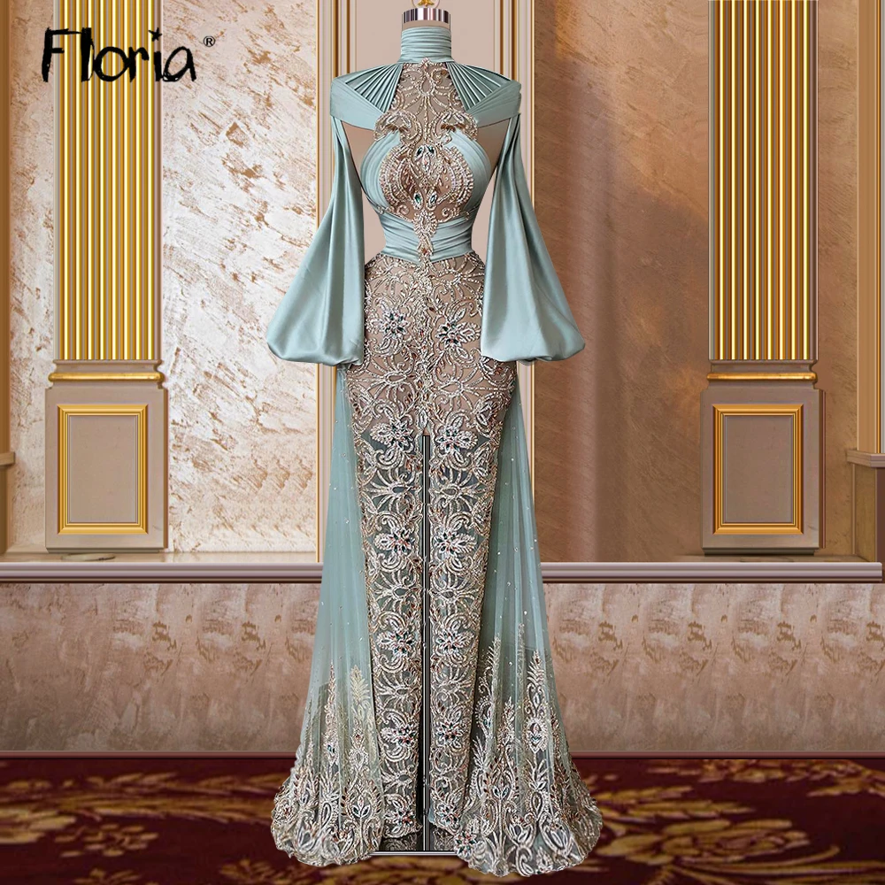 

Floria Aso Ebi Luxury Prom Dress Full Beades Arabic Evening Night Gowns Women Robes De Soirée Plus Size Dubai Muslim Party Dress