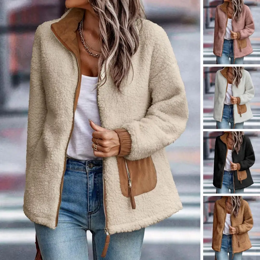 

Women Autumn Winter Coat Ladies Long Sleeve Coat Cozy All Match Loose Patchwork Color Zipper Soft Lady Casual Jacket for Autumn