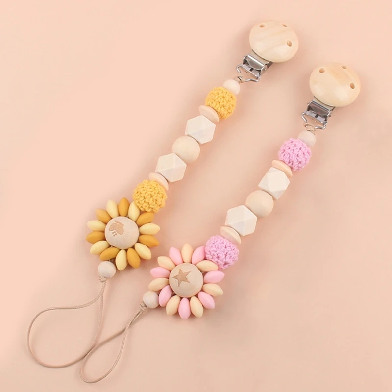 

Baby Wooden Pacifier Clip with Cute Silicone Sun Flower Beads Chain Infant Teething Chewable Teether Toy Nipple Clamp 85DE