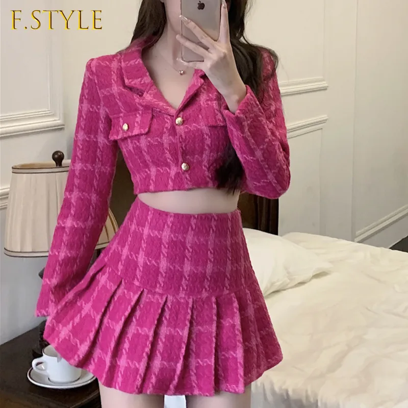 Korean Fashion Suits With Skirt 2022 Spring Autumn Wool Blends Pleated Plaid Skirts Two Piece Sets Womens Outifits Tweed Suit