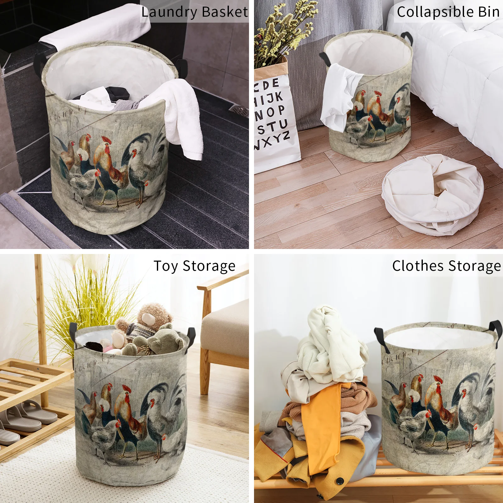 Корзина для грязного белья в стиле ретро с изображением курицы-петуха складная