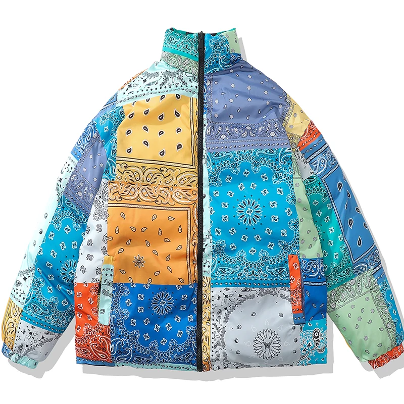 New Men Reversible print Cashew Puffer Parka Winter Warm Patchwork Fashion Hip Hop Oversized Baggy Male Coats Streetwear