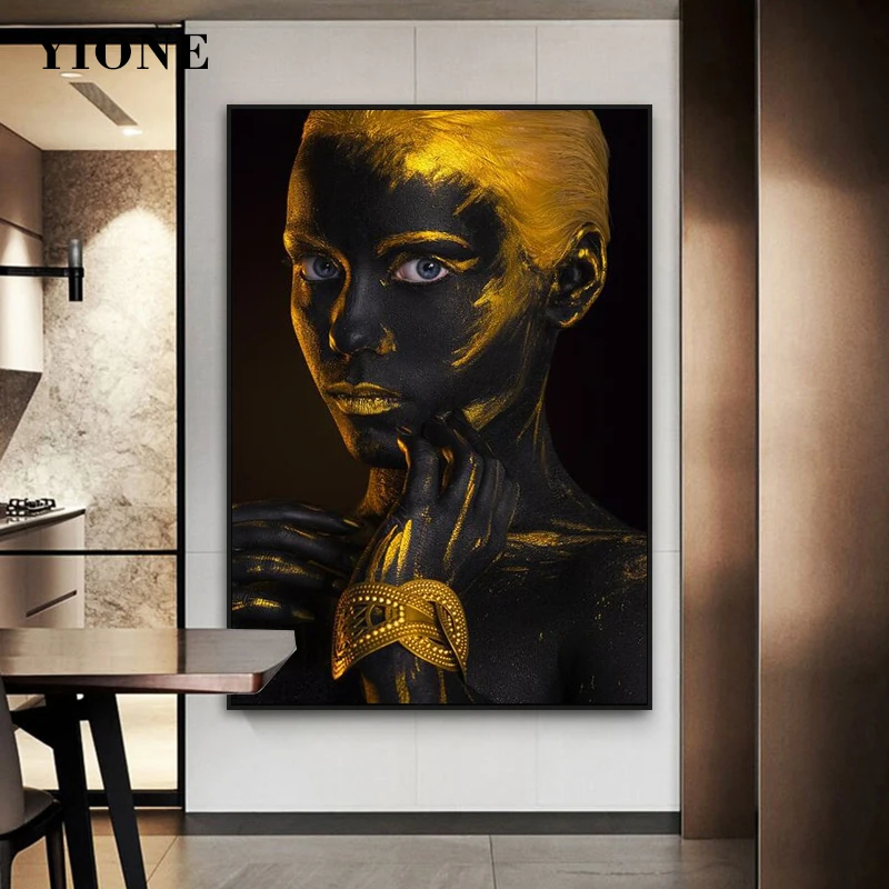 

Modern Black Gold Woman Canvas Painting Abstract Luxury Figure Model Lady Poster Print Wall Art Picture for Living Room Aisle