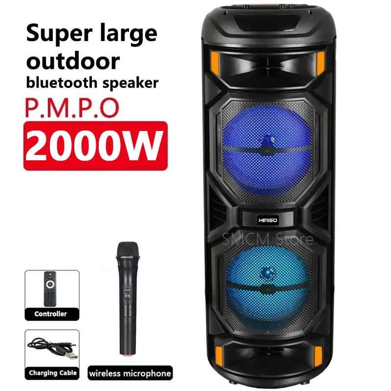 

Double 8-inch P.M.P.O 2000W Super Large Outdoor Bluetooth Speaker Karaoke Party Box Portable Wireless Subwoofer Column with Mic