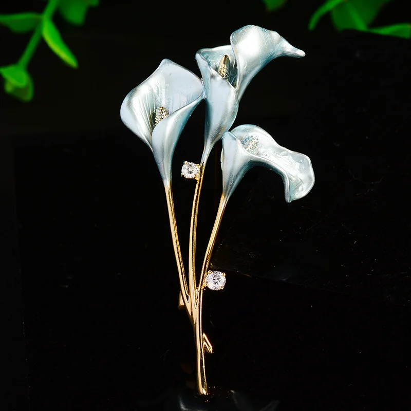 

New Elegant Calla Lily Brooch Handmade Enamel Color Inlaid with Zirconium Tulip Corsage Luxurious Temperament Pin Accessories