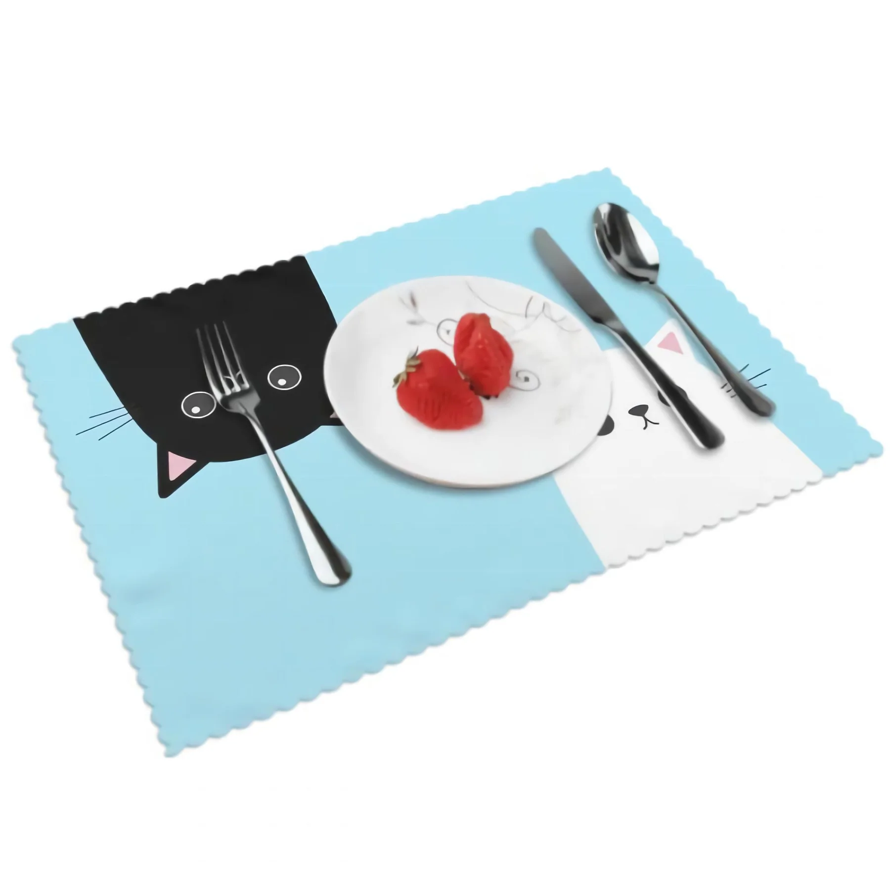 

White And Black Cat Placemats for Dining Table Set of 4 Rectangular Heat Resistant Washable Place Mat