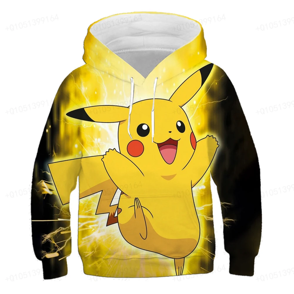 

4-14T Children's Pikachu Harajuku Hoodie Pocket Monster Cartoon Print Boys and Girls Hooded Cartoon Sweatshirt Casual Children's