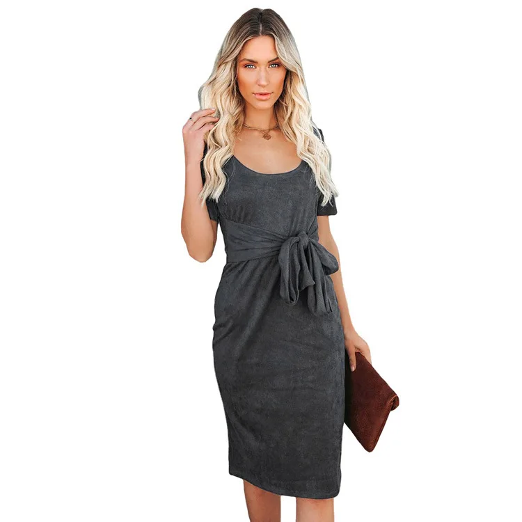 

2022 Spring and Summer New Fashion Large Size Women's Temperament Skirt Solid Color Round Neck Tie Short-sleeved Dress Women