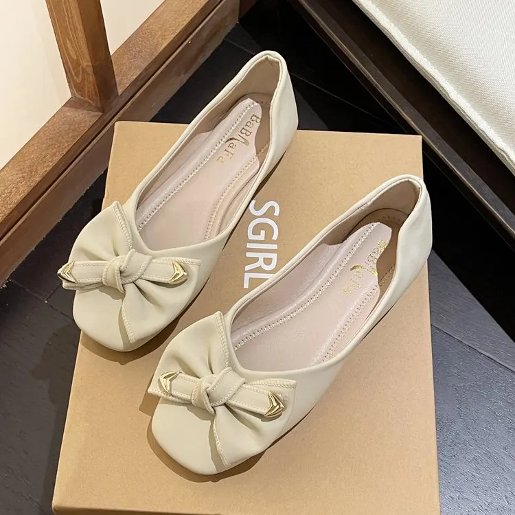 

Classic Women's Flat Shoes Women's Fashion Comfortable Brand Square Head Bow Shallow Mouth Flat Shoes Soft Soled Women's Shoes