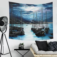 sailboat sea oil painting wall tapestry gray blue nordic background mountains wall blanket for home wall decoration 200x150cm