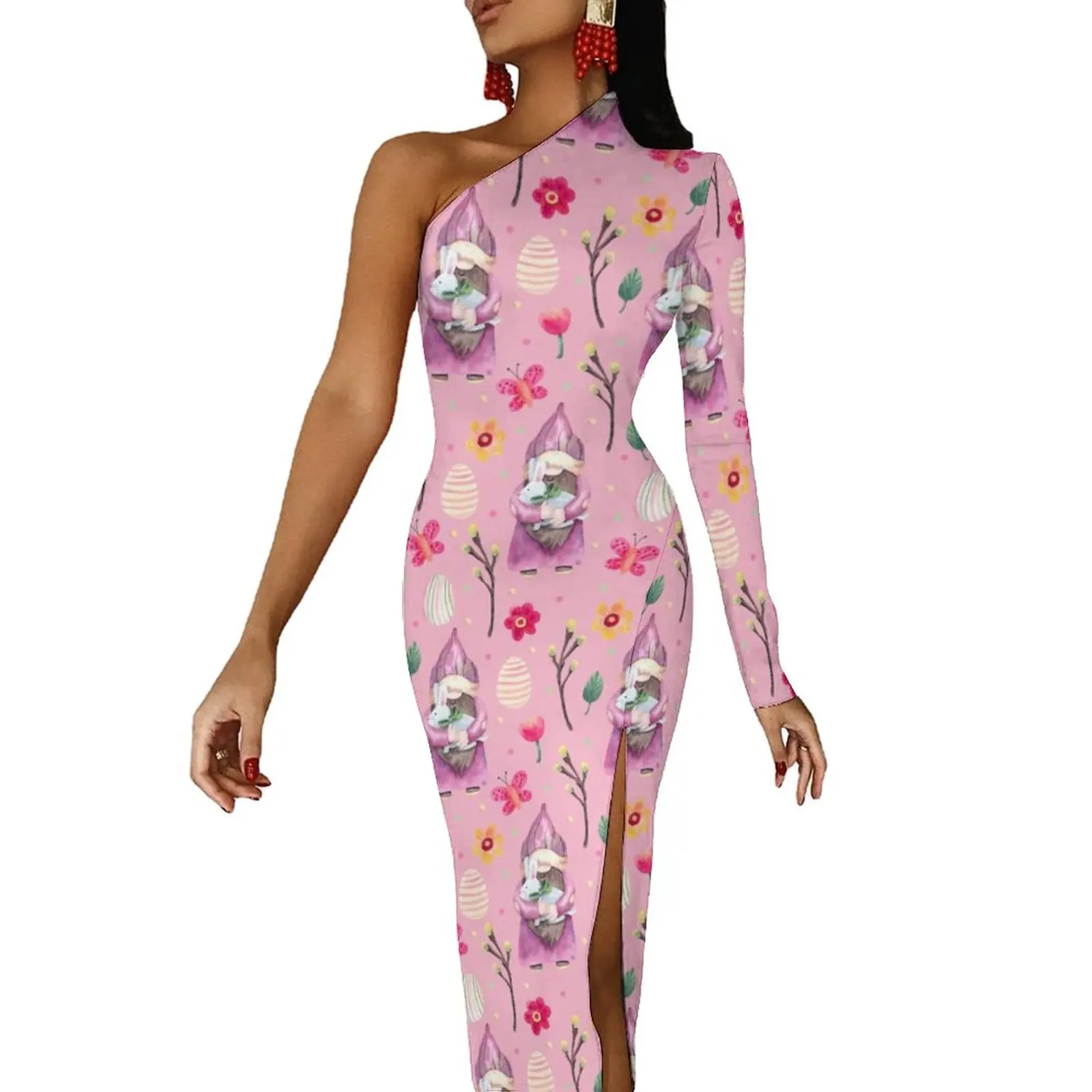 

Pink Easter Day Bodycon Dress Ladies Cute Rabbit Print Pretty Maxi Dress One Shoulder Party Graphic Dresses Birthday Gift