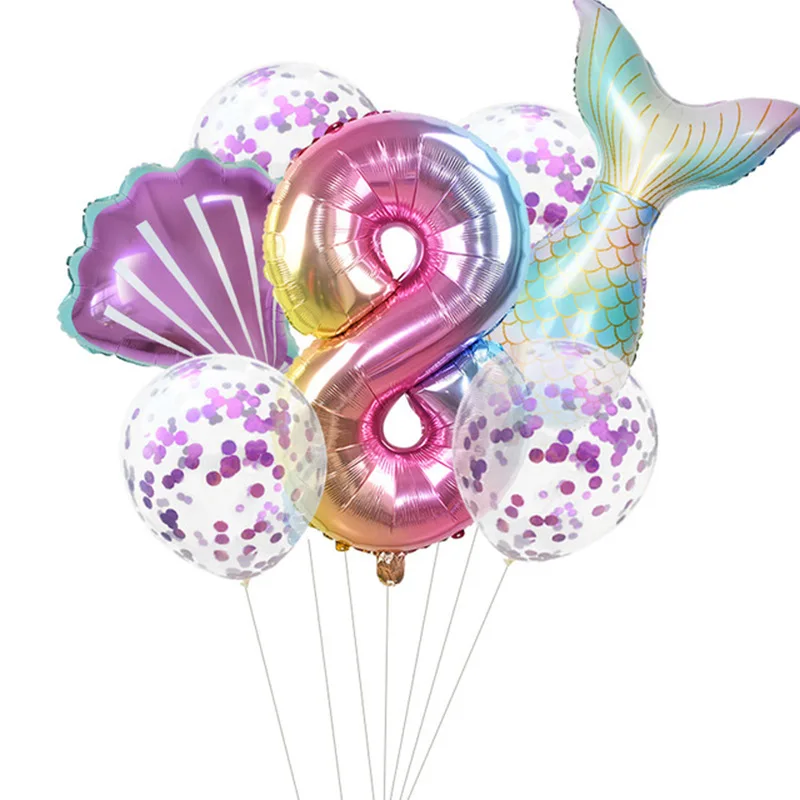 Купи 7 Pcs 32 inch Purple Mermaid Foil Balloons Transparent Confetti Latex Balloon Set Happy Birthday Baby shower Party Decoration за 284 рублей в магазине AliExpress