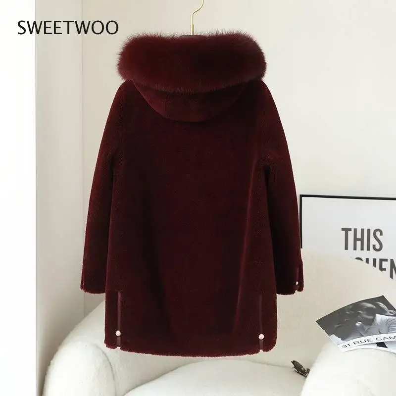 Women Autumn Winter Real Lamb Fur Coat Female Warm Fox Fur Collar Hooded Natural Sheep Shearing Wool Jacket Ladies Outwear 2022