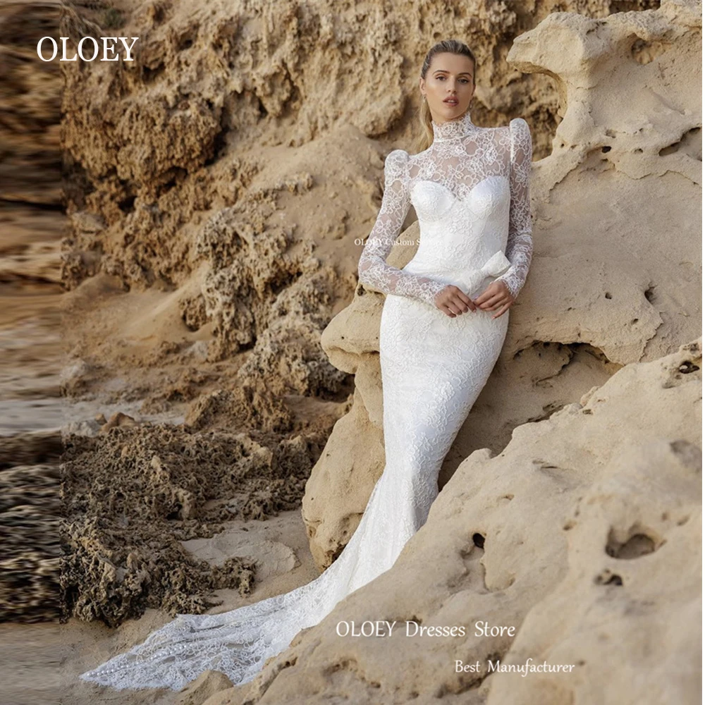 

OLOEY Elegant Full Lace Mermaid Wedding Dresses Modest High Neck Long Sleeves Slim Bridal Gowns Beach Fishtail Robe mariage