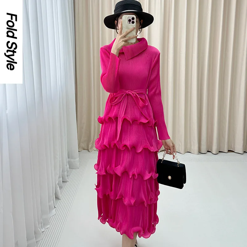 Женское длинное платье миаке однотонное с высокой талией весна-осень 2023