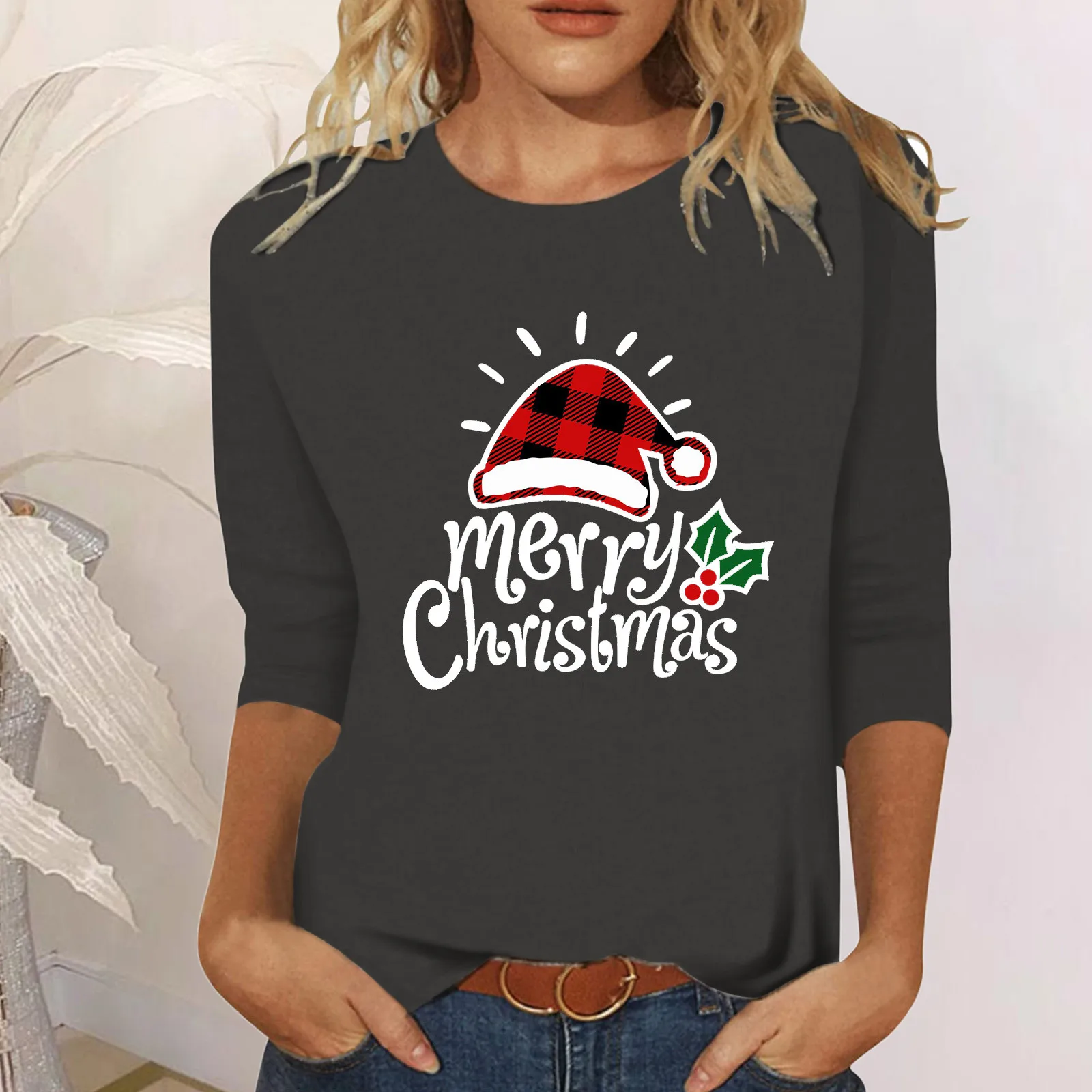 

Womens Christmast Shirt Winter Santa Claus Hat Printing Crew Neck Short Sleeve Tee Tops Black Xmas Oversize Pullover Female