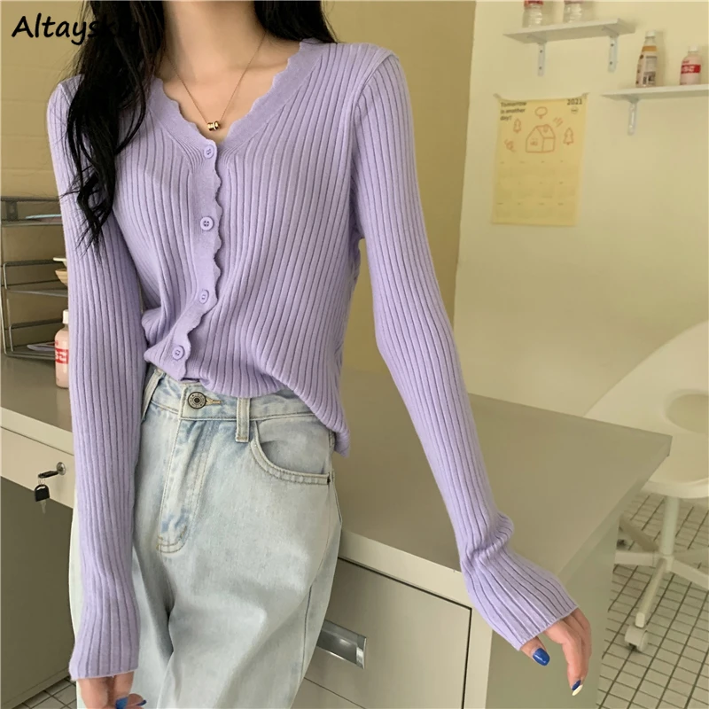 

V-neck Cardigans Autumn Korean Style Wave Candy Solid Long Sleeve Tops Females Gentle Sweet Casual Outwear Single Breasted Chic