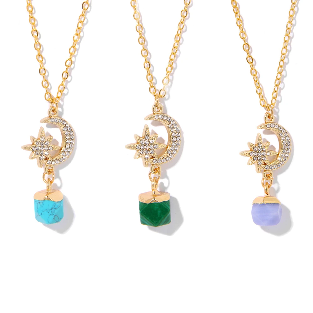 

Moon Star Charm Necklace Geometric Cube Stone Pendant Necklaces For Women Men Crescent Gold Silver Color Clavicle Chain Jewelry