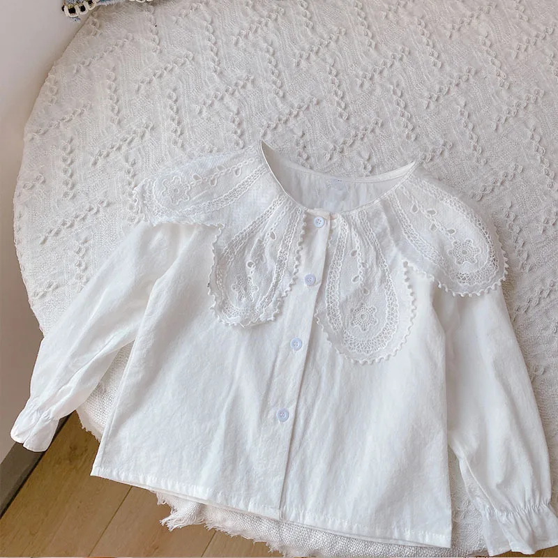 

Хлопковая детская одежда с длинными рукавами блузки с отворотами рубашка с расклешенными рукавами для девочек, весенне-Осенняя детская оде...