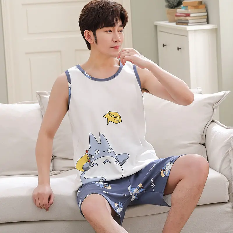 Mens Pajamas Summer Sleeveless Vest 2 Pack Nightwear For Young Boy INS Cartoon Hombre Pijama Mujer Anime Homewear