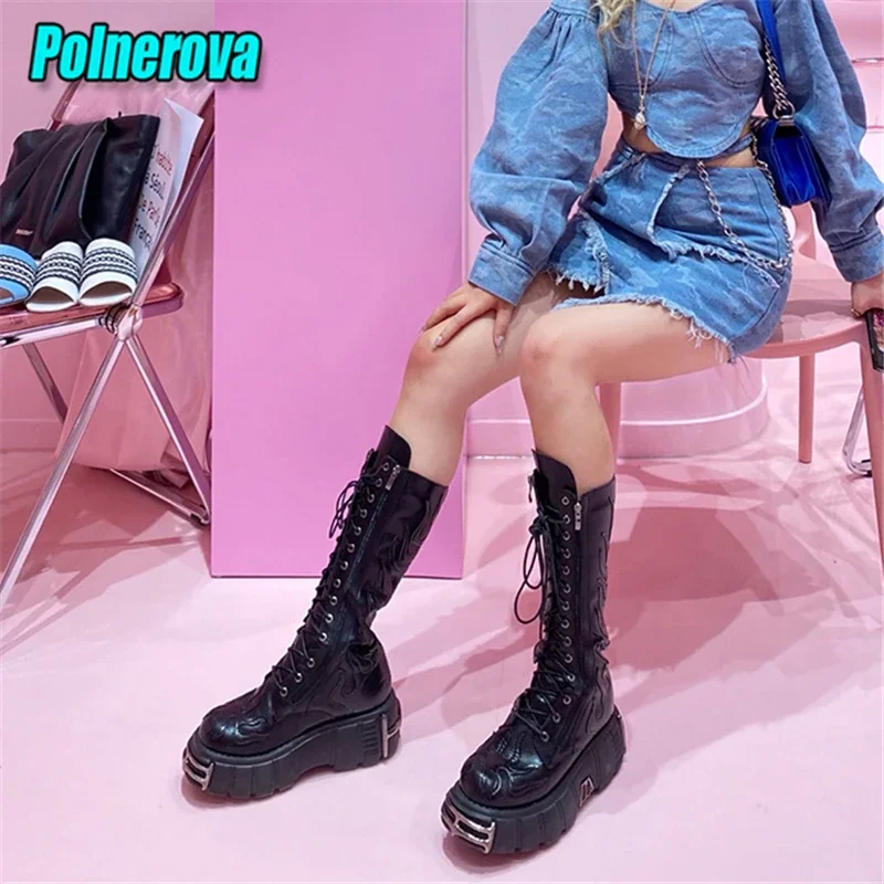 Сапоги до колена на толстой подошве в стиле панк с металлическим декором зимние