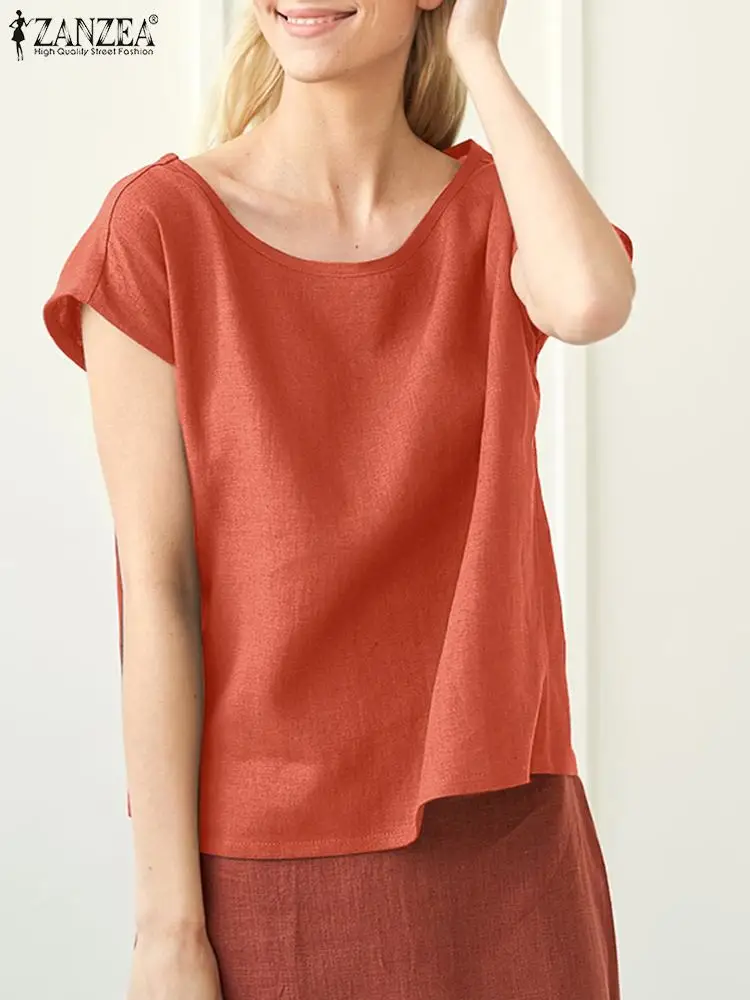 

ZANZEA Fashion Summer O Neck Short Sleeve Blouse Women Solid Cotton Blusas Femininas Holiday Beach Shirt Casual Loose Tops Tunic