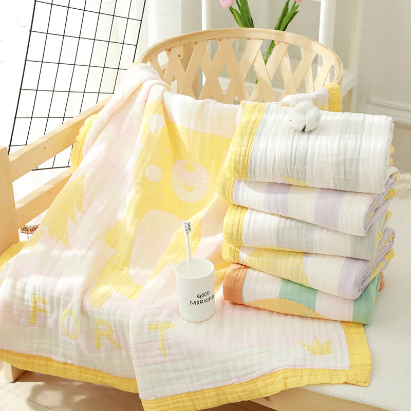 Cotton 6-Layers Baby Blanket Cartoon Bear Kids Bath Towel Newborn Soft Gauze Wrap Swaddle Blankets Baby Quilt 110x110cm