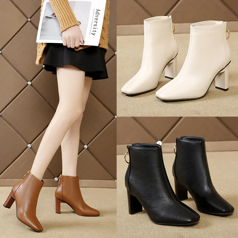 New Leather Boots for Women Square Toe High Heel Ankle Boots Zipper Short Boots Thick Heel Boots Women's Shoes