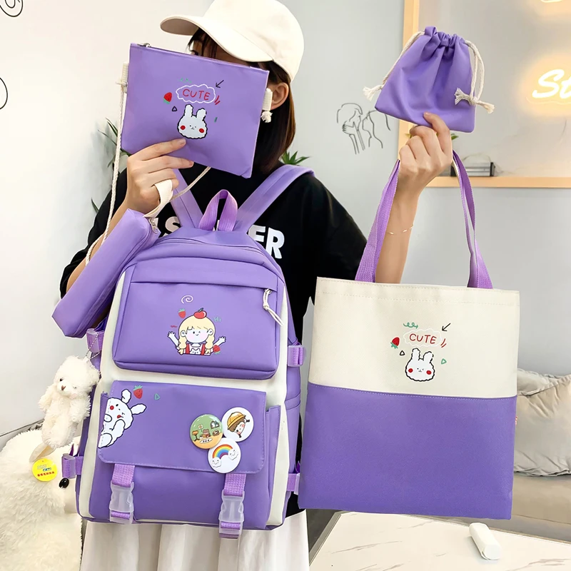 Комплект из 5 предметов, Женский Рюкзак Kawaii, женский рюкзак, милая школьная сумка для школьниц, вместительные школьные сумки для девочек