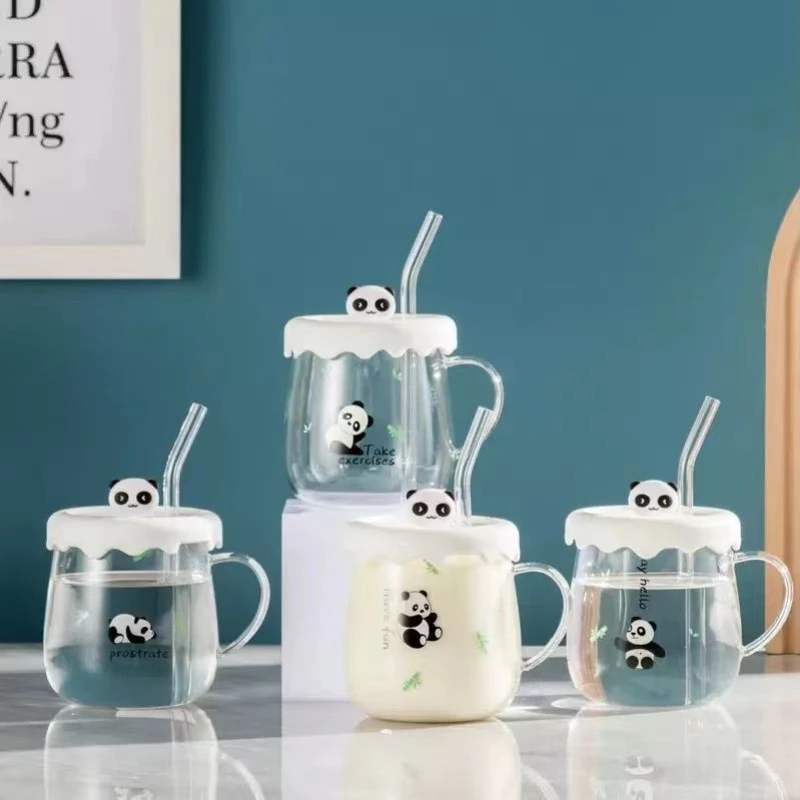 

Kawaii Cups Cute Panda Glass Cup With Straw Cap Spoon Coffee Breakfast Cup Beer Mug Cups and Mugs Free Shipping Drinking Glasses