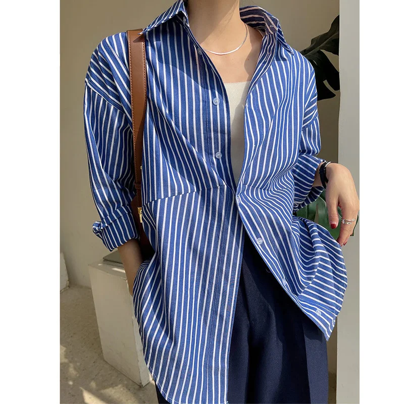 Блузка женская в синюю полоску свободная рубашка-поло на пуговицах с длинным