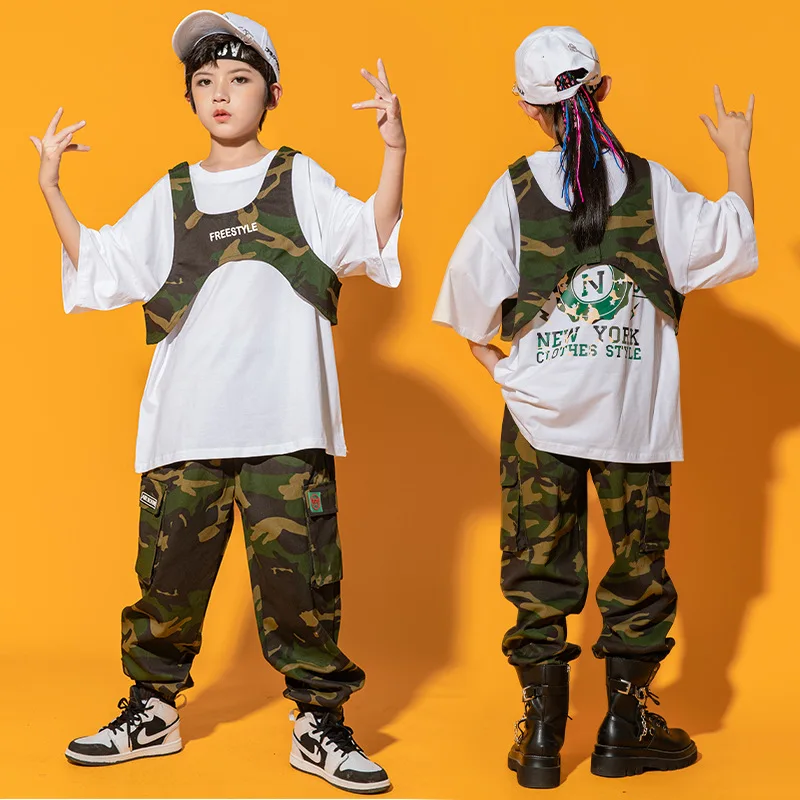 

Летняя одежда для мальчиков в стиле хип-хоп, футболка большого размера с принтом, топ, камуфляжный жилет, брюки-карго, Подростковая уличная одежда, детский танцевальный костюм