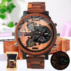 Large Wooden Watch Dial, Mens Watches, Dual Time Zone,Montre En Bois Homme,Reloj Madera,Sport Clock,