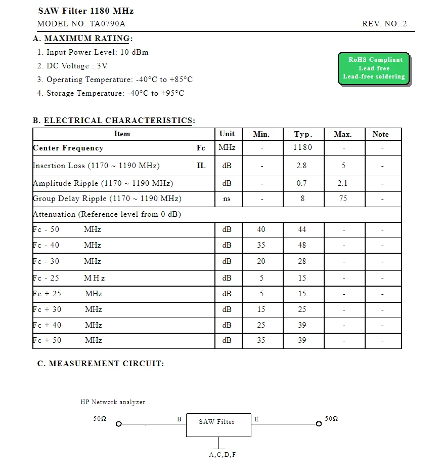 10 шт. TA0790A код 95 новый подлинный фильтр SMD SAW 1180 МГц в упаковке наличии