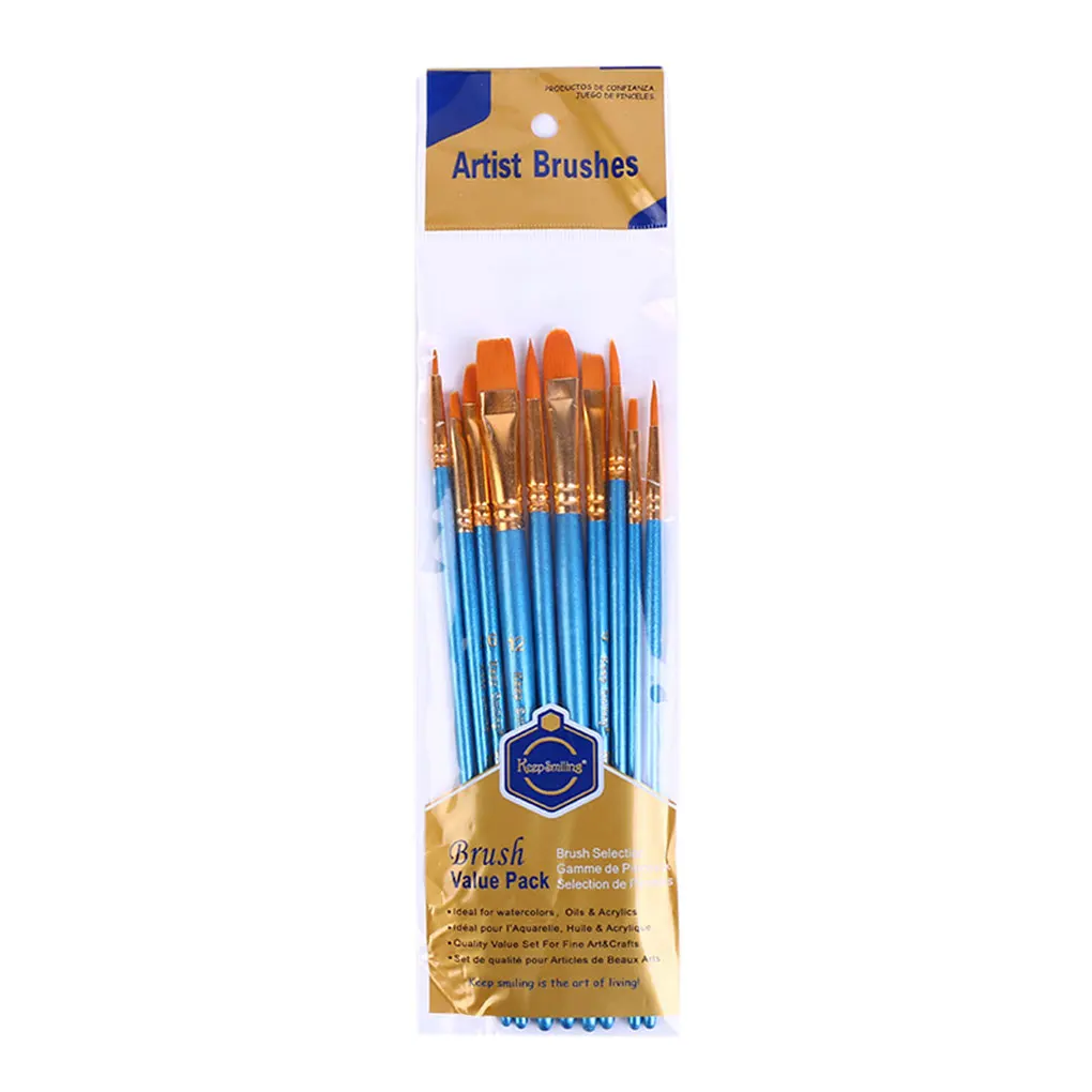 

10 Pcs Blue Wooden Handle Brush Set Nylon Hair Art Artist Paint Supplies Watercolor Oil Painting Canvas