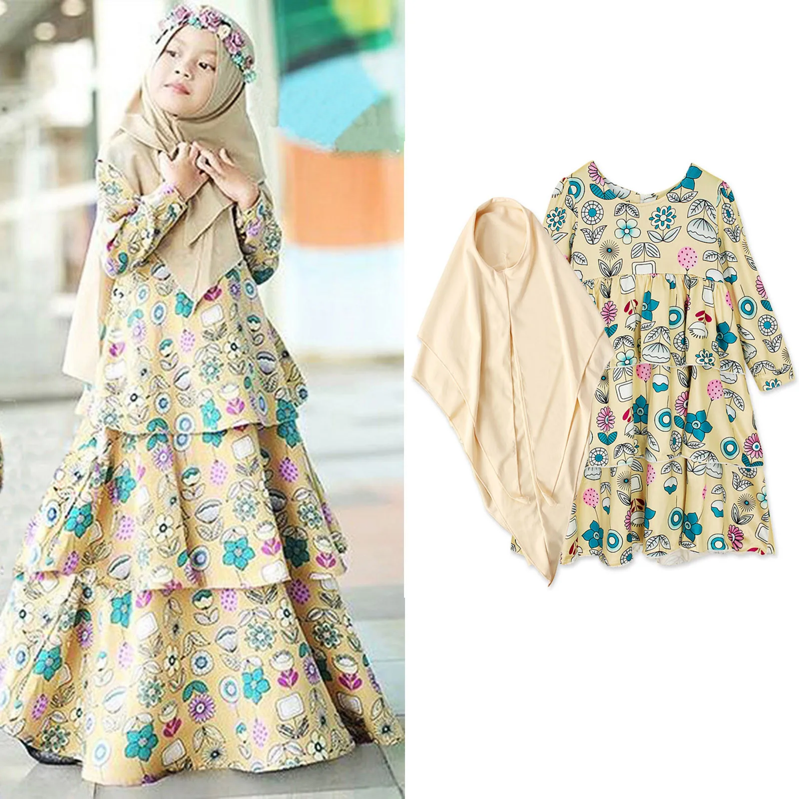 

Kids Toddler Baby Girl Dubai Abaya Traditional Muslim Flower Print Robe Dress With Mommy And Infant Girl Matching Outfits